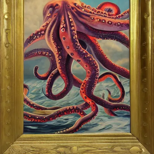 Prompt: oil painting of giant octopus ravaging metropolis