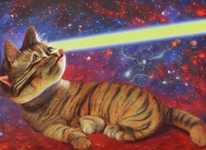 Image similar to giant cat shooting laser beams made of potato, in space, oil painting, detailed