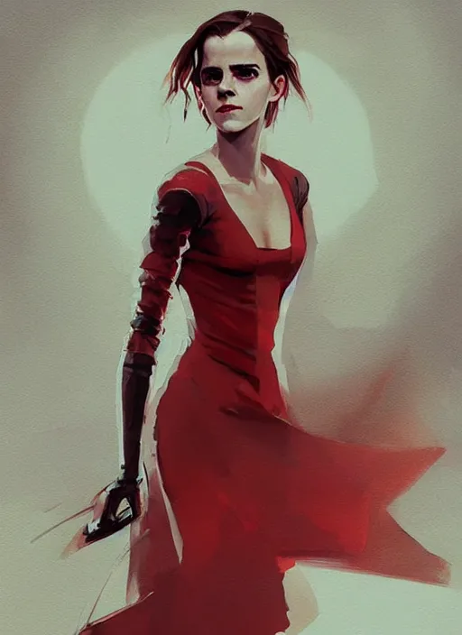 Prompt: a digital painting of Emma Watson wearing a cyberpunk red dress, by netter, style from greg rutkowski, beautiful eyes, full frame, oil painting, featured on artstation, concept art, smooth, sharp focus, illustration, very detailed, ambient lighting, unreal engine render, concept art by Atey Ghailan, by Loish, by Bryan Lee O'Malley