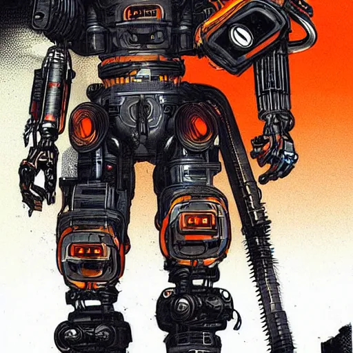 Prompt: cyberpunk mechanic dude with robotic legs. orange and black color scheme. concept art by james gurney and mœbius. apex legends character art