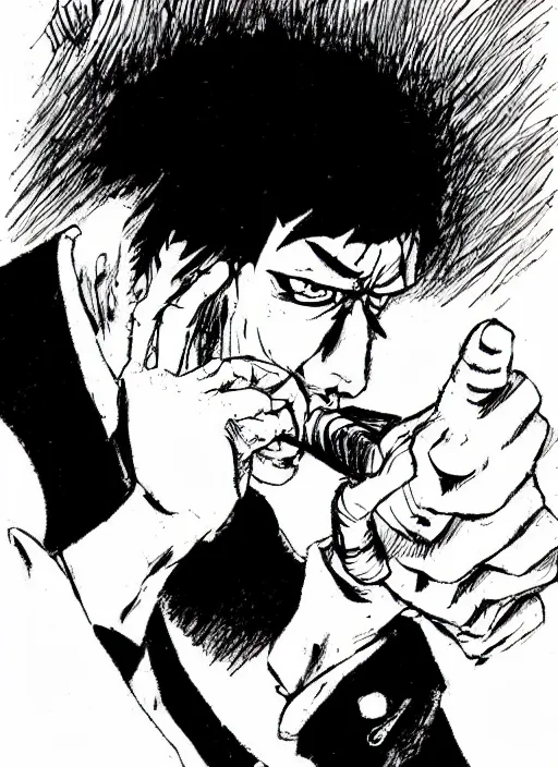 Image similar to heihachi mishima dressed formally, smoking a cigar, drawn in the style of keisuke itagaki, manga illustration, tekken