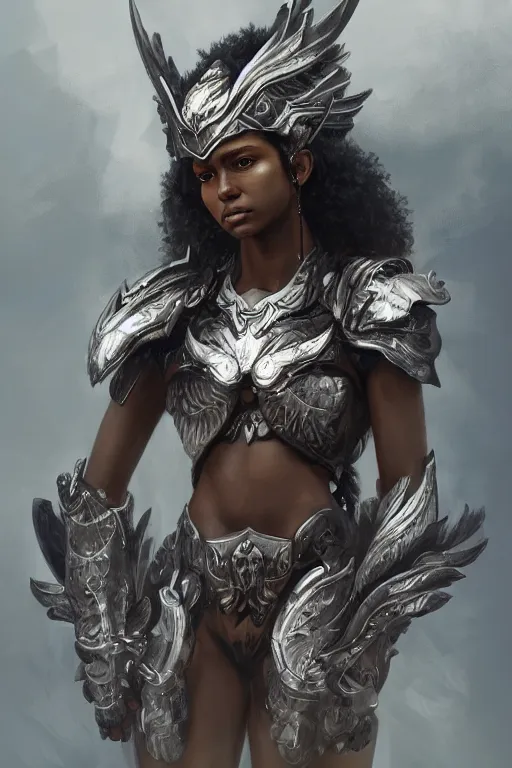 Prompt: a full portrait of a black female valkyrie, winged helmet, intricate, elegant, highly detailed, digital painting, japanese, artstation hyperdetailed, 8 k, realistic, symmetrical, in the style of krenz cushart, artem demura