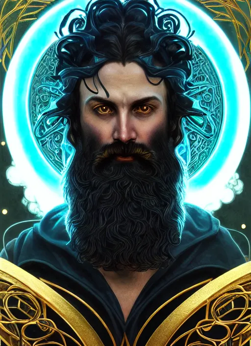 Prompt: angry god zeus, wavy black hair, bushy beard, glowing eyes, volumetric lights, cyan and gold scheme, art nouveau botanicals, gothic, intricate, highly detailed, digital painting, artstation, concept art, smooth, sharp focus, symmetric face, illustration, steampunk, art by artgerm and greg rutkowski and alphonse mucha