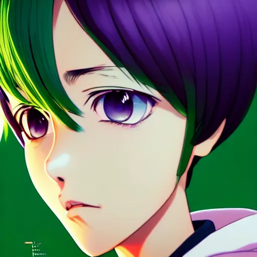 Prompt: anime poster film still portrait, african american young woman, large, purple eyes!!!, white french bob, green green green bomber jacket, detailed facial features, dynamic pose, cute face by ilya kuvshinov, yoh yoshinari, makoto shinkai, rimlight, cel shaded, 4 k