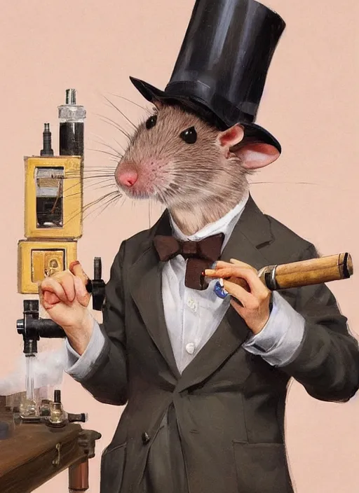 Image similar to oil painting of a cute pet rat dressed as an english professor smoking a pipe, giving a lecture in a university chemistry lab, digital art, artstation, fantasy, cinematic, fine details by realistic shaded lighting poster by ilya kuvshinov katsuhiro otomo, magali villeneuve, artgerm, jeremy lipkin and michael garmash and rob rey