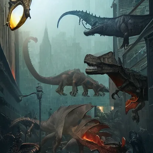 Prompt: “dinosaur black market, similar to Jurassic World: Dominion, creepy city with Dr. Strange vibe, D&D, fantasy, intricate, cinematic lighting, highly detailed, digital painting, artstation, concept art, smooth, sharp focus, illustration, art by Artgerm and Greg Rutkowski and Alphonse Mucha”