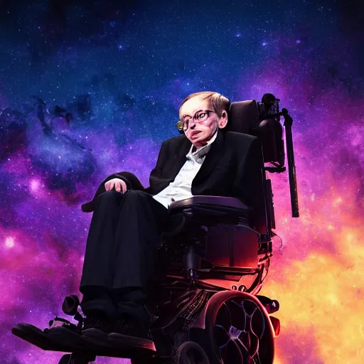 Image similar to Stephen Hawking in his wheelchair floating in almost completely dark outer space, digital art, trending on ArtStation, 3d rendered in octane, blender, epic lighting, highly detailed, smooth, Unreal Engine 5, cinematic, 8k, 4k