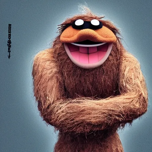 Image similar to a still of a forgotten muppet character looking very manly and modern, hilarious, laughing, hairy chest, huge chin, manly monster tough guy, roughled fur, photo real, photographic, photograph, artstation, trending, featured