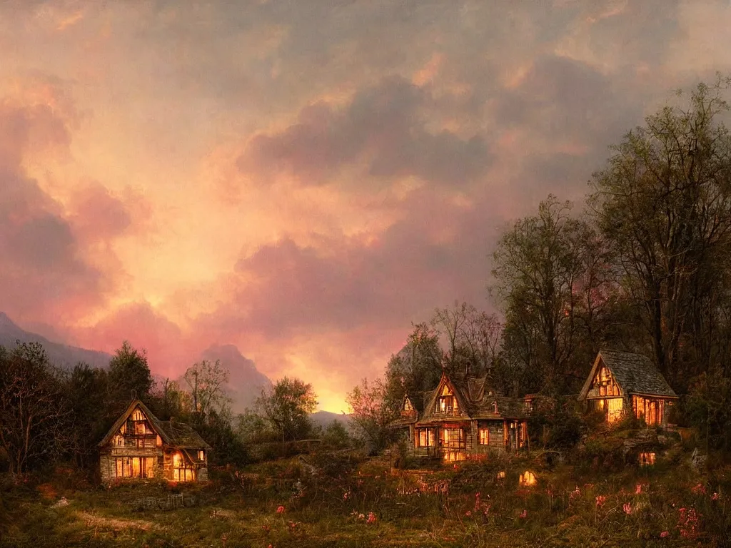 Image similar to a gorgous witchhouse in a woodland with lighted windows, mountains in background, evening mood, pink clouds in the sky, by clive madgwick