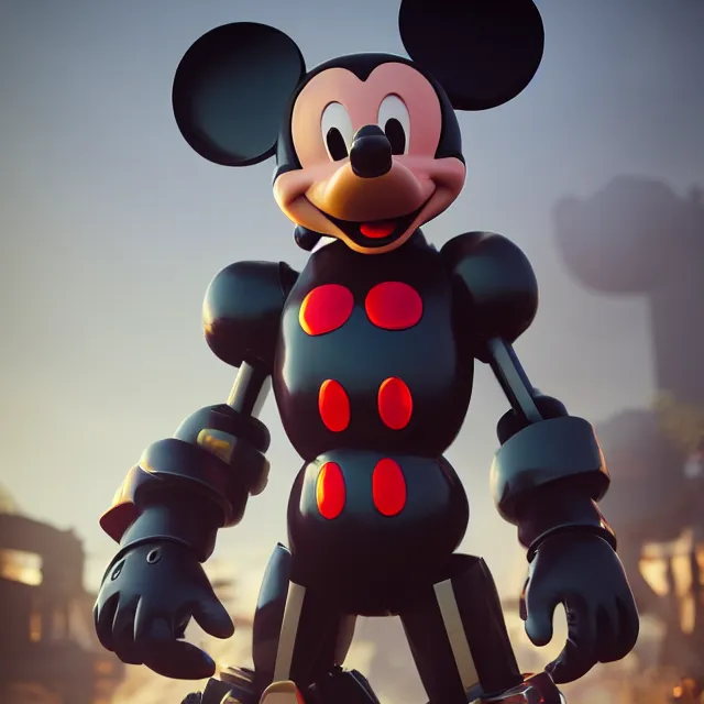 Image similar to ultra realistic mickey mouse wearing mecha armour, dark cinematic, volumetric, realistic, 3 d render, realistic render, cinematic lighting, volumetric lighting, atmospheric, cinematic, unreal engine 5, unreal engine render, octane render, hd, photorealism, hyper realistic, photo, 8 k