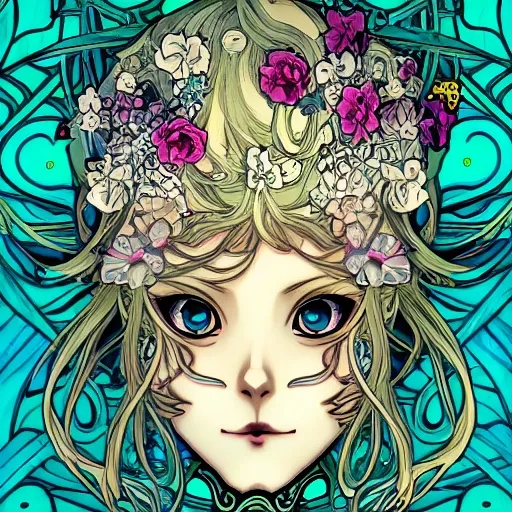 Image similar to anime manga skull portrait young woman hair floral by James Jean fairytale comic skeleton illustration style by Alphonse Mucha pop art nouveau