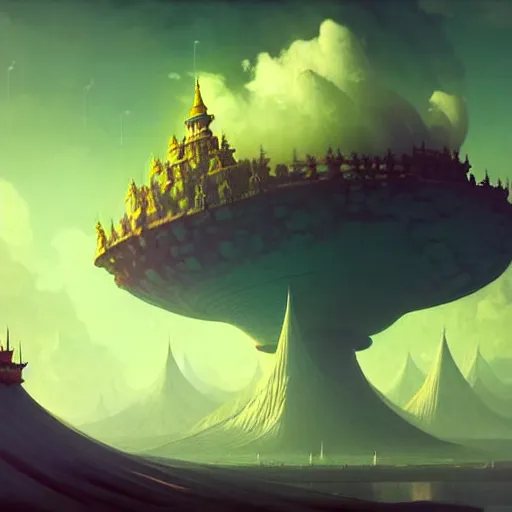 Image similar to cloud king rests on high nimbus spires in this sky palace lord of all the vast kingdom. simon stalenhag ilya repin greg danton brian sum max bedulenko igor krstic james suret pascal blanche illustration unreal engine render