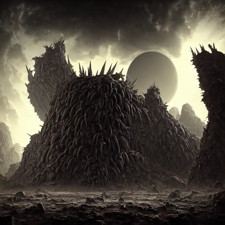 Prompt: surreal ancient alien abandoned giant spiky temple on exoplanet, wrecked technology, dark clouds, surreal abandoned buildings, dream-like heavy atmosphere, baroque painting, beautiful detailed intricate insanely detailed octane render trending on Artstation, 8K artistic photography, photorealistic, dramatic volumetric cinematic light, chiaroscuro, Raphael, Caravaggio, Beksinski, Giger