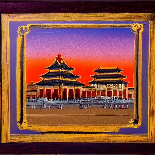 Prompt: The forbidden city with sunset at golden hour, in the style of sandpainting