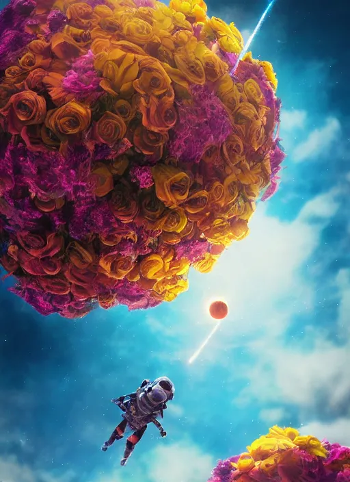 Image similar to An epic fantastic realism comic book style painting of the most beautiful flowers launched into space, bouquets, solar eclipse, fisheye, unreal 5, DAZ, hyperrealistic, octane render, dynamic lighting