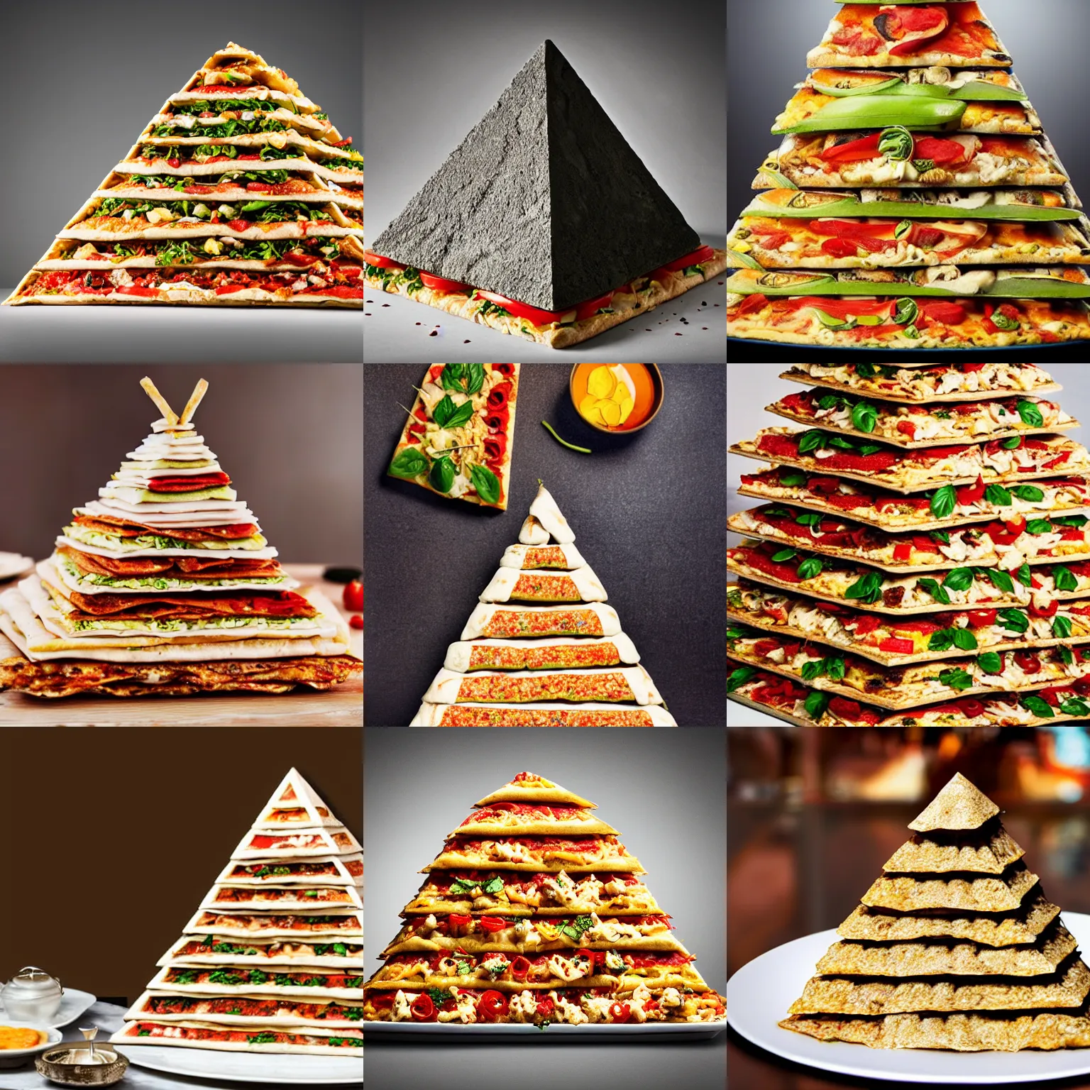Prompt: egyptian pyramid made of pizza, professional food photography