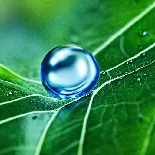 Image similar to still photo water droplet on a leaf, macro, highly detailed, photorealistic portrait, bright studio setting, studio lighting, crisp quality and light reflections, unreal engine 5 quality render