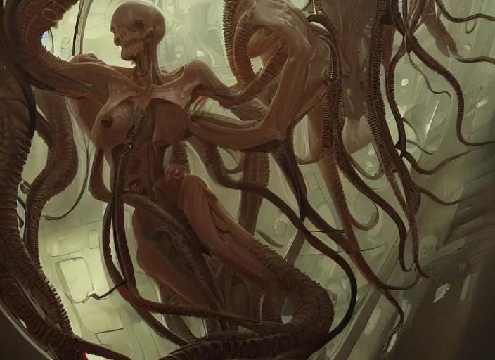 Prompt: science fiction laboratory with a beautiful muscular demon woman with long boney limbs terrorizing the lab in the style of ralph mcquarrie, jakub rebelka and glenn fabry, futuristic, tentacles and bones, transparent carapace, god rays, flooded station, artstation, cinematic lighting, foggy