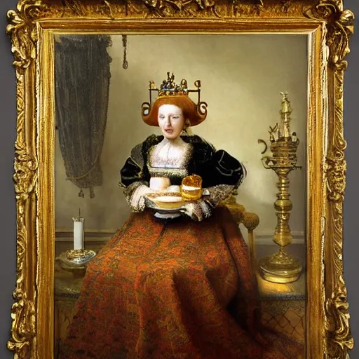 Prompt: a stunning hyper-detailed painting by Rembrandt of a slender beautiful woman with straight long ginger hair and bangs, wearing a luxurious silk robe and retro eyeglasses and a jeweled gold crown, posing with her large ginger tabby cat and raccoon and parrots on an elaborate throne in her high-ceiling Victorian living room, holding a porcelain parrot-shaped coffee mug and a donut, perfect eyes, fashion photography, dramatic cinematic lighting, octane render, IBEX Masters, unreal engine, 85 mm lens, paisley wallpaper