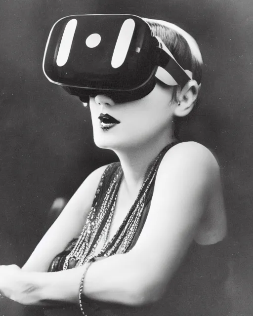 Image similar to 1 9 2 0 s photo of a flapper girl wearing a vr headset on a stage in a speakeasy