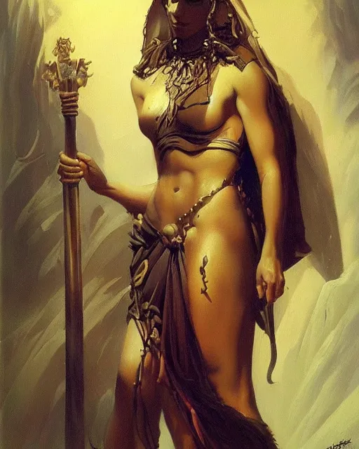 Prompt: a stunning portrait of an ancient greek priestess, sfw, fantasy art by Frank Frazetta and Boris Vallejo, highly detailed, trending on artstationhq