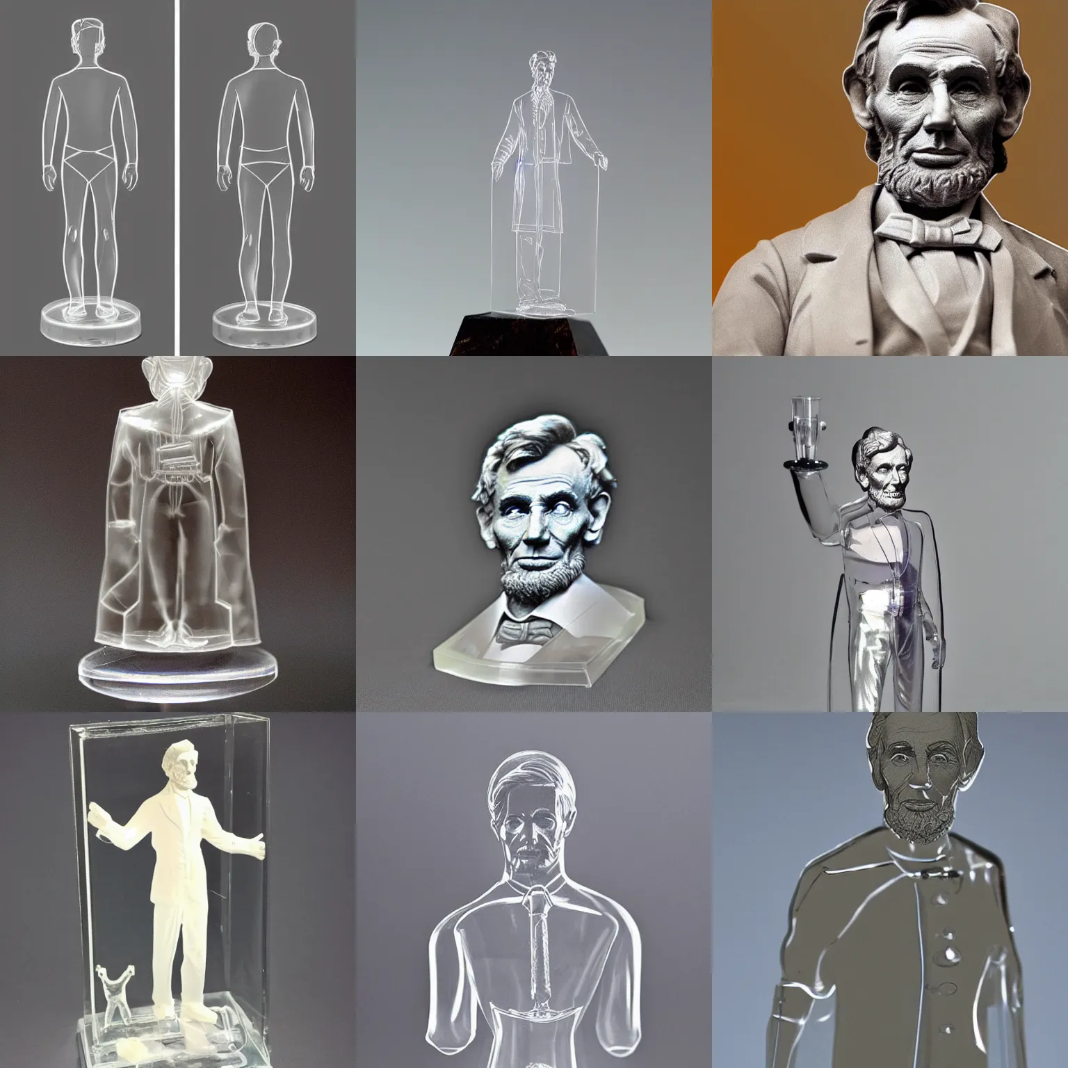 Prompt: transparent figurine. see - through. upper body portrait photograph of a transparent!!!!! glass!!!!! statuette of abraham lincoln. award winning concept.