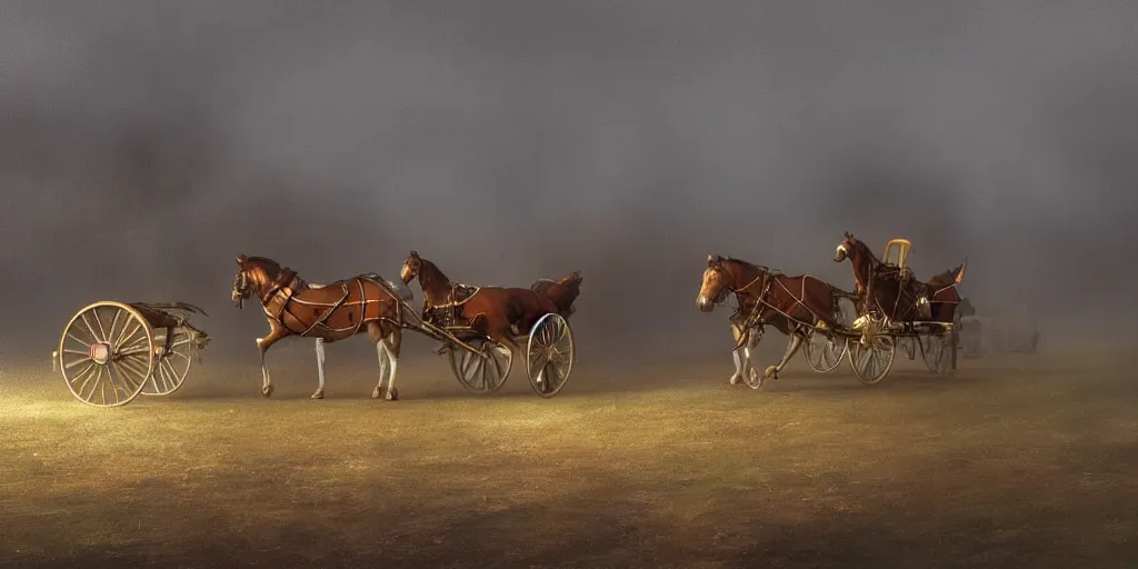 Image similar to Horse and carriage, August 9th 1875, fog, rain, volumetric lighting, beautiful, golden hour, sharp focus, highly detailed, cgsociety