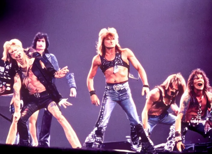 Prompt: publicity photo still of patrick swayze in motley crue live on stage, 8 k, live concert lighting, mid shot