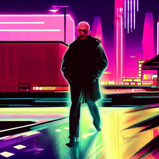 Prompt: walter white in a synthwave cyberpunk city at night, walking on a rainy street, concept art, digital