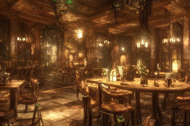 Image similar to inside a a lush tavern found in italy, artgerm, yoshitaka amano, gothic interior, 8 k, octane render, unreal engine