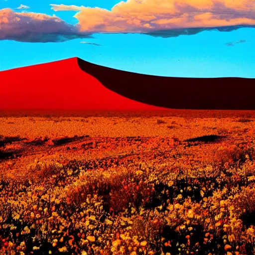 Image similar to hiqh quality photo of the australian red desert covered in colorful wild flowers, golden hour