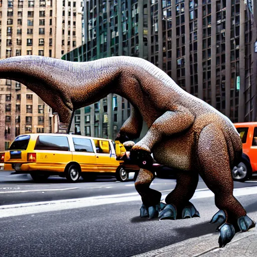 Image similar to realistic photograph of a parasaurolophus in the middle of a busy street new york