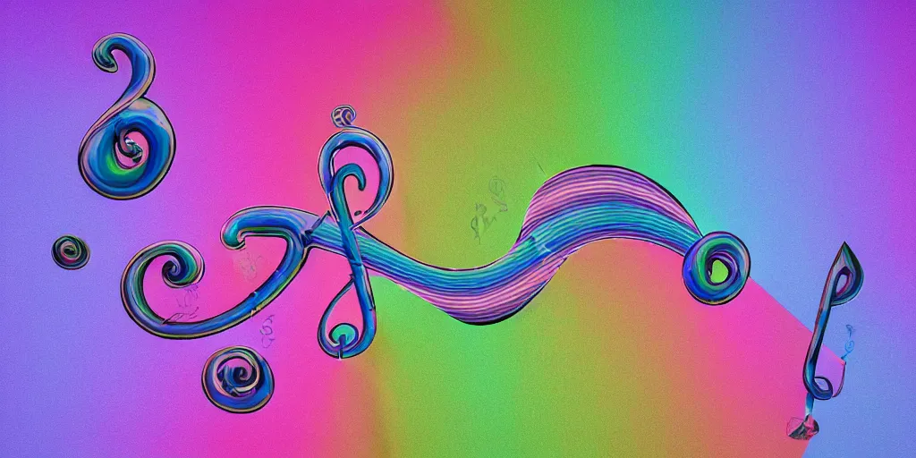 Prompt: intricate curving swirling treble clef staff, complex musical notes, tiny Pink Floyd rainbow prisms, inflatable flying pig balloons in the style of Pink Floyd Animals lp cover, flowing from a glass pyramid prism rendered in Unreal Engine, faded grey muted wash of distant pastel colors, Cryengine, Raytracing, trending on Artstation, Award Winning, in the style of Pink Floyd Dark Side of the Moon