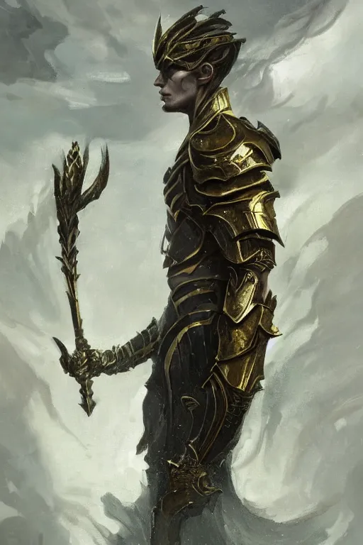 Image similar to a masculine elegant man from sideview with large shoulders, armor, and wearing golden laurel wreath, ethereal horror fantasy art by greg rutkowski and magali villanueve and monet con