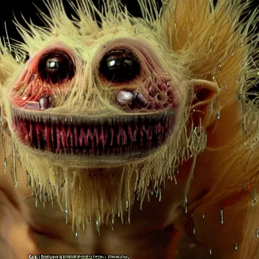 Image similar to a very strange creature made of cronenberg schmutz and drips, mucus, hairy, skin parts, fuzzy disgusting teeth, saliva nasty