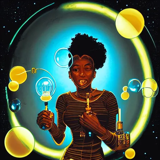 Prompt: a black girl in a steampunk alchemy lab with glowing bubbles of light by dan mumford, oil on canvas, synthwave