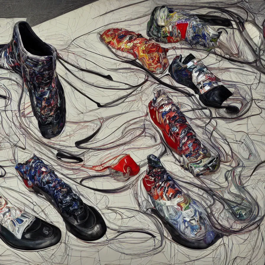 Image similar to futuristic balenciaga sneakers, nft art, highly detailed, hyper realistic, art by todd mcfarlane, by ( ( ( lucian freud ) ) ) and gregory crewdson and francis bacon