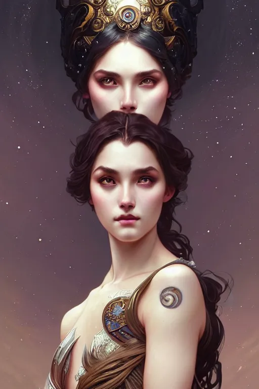 Prompt: the moon goddess closeup filled background around face, fantasy magic, undercut hairstyle, dark light night, intricate, elegant, sharp focus, illustration, highly detailed, digital painting, concept art, matte, art by wlop and artgerm and greg rutkowski and alphonse mucha, masterpiece