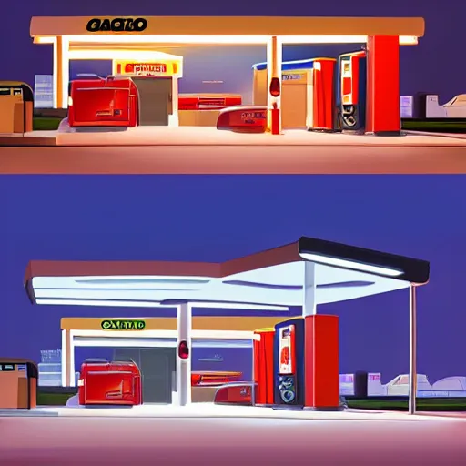 Prompt: a digital rendering of a gas station at night by george ault, behance contest winner, retrofuturism, concept art, matte drawing, reimagined by industrial light and magic