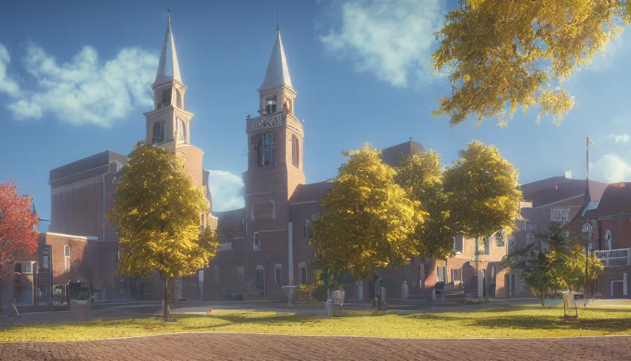 Image similar to small midwest town, square, trees, church, sunny day, volumetric light, realistic, hyperdetailed, artstation, cgsociety, 8 k