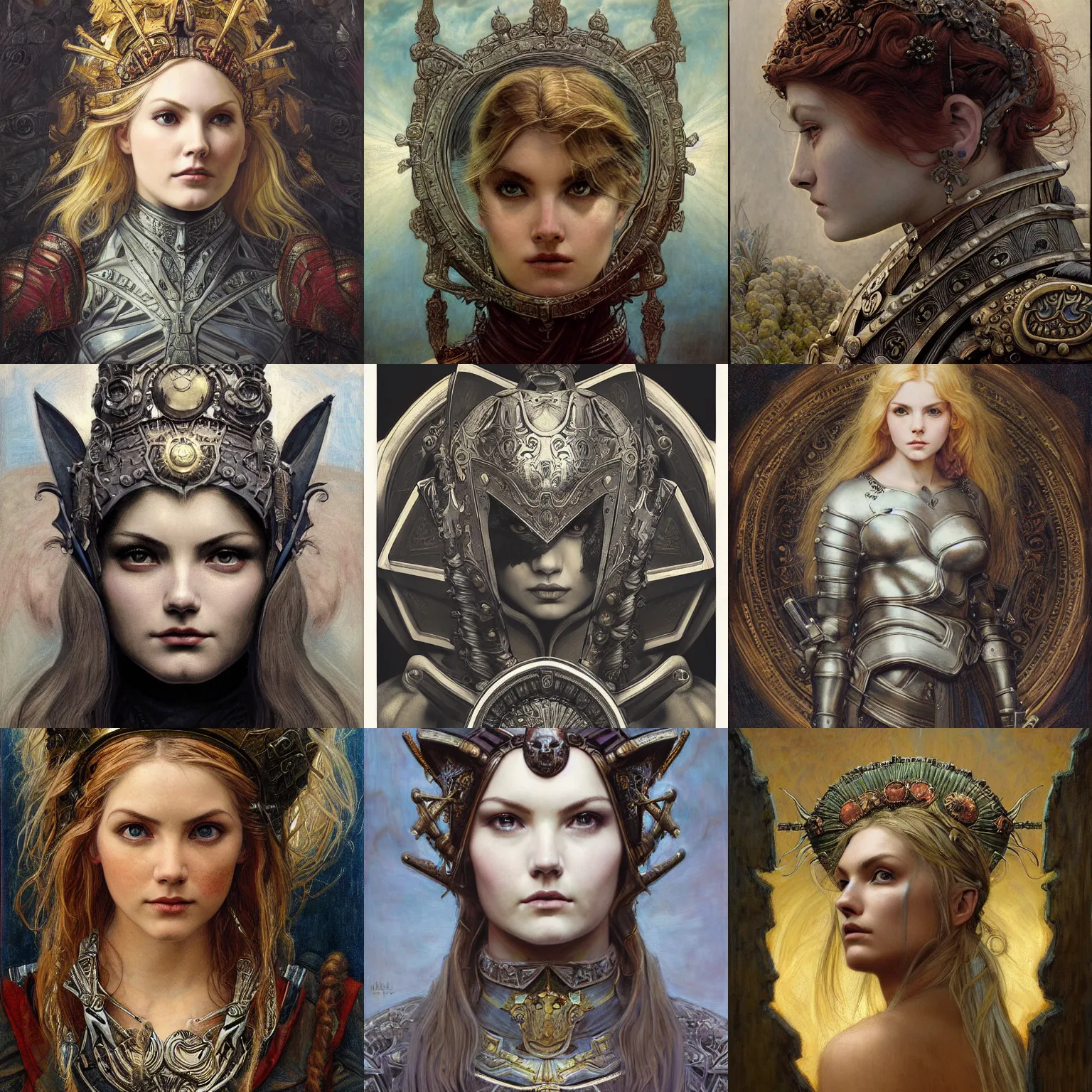 Prompt: masterpiece head-on symmetrical centered portrait, Elisha Cuthbert as a RPG warrior, ornate full metal armour, blonde hair, Pre raphaelite art style, gothic, victorian, elegant, distant, in the style of Edgar Maxence and Ross Tran and Zdzisław Beksiński and Gustave Doré and Michael Whelan and and Mucha, specular highlights, 8k, Octane Render