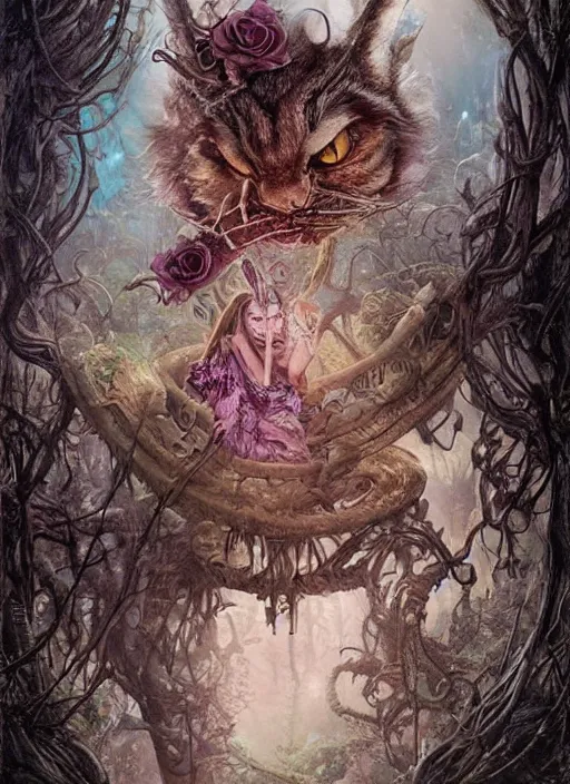 Image similar to Alice in Wonderland Cheshire Cat Death Tarot card,highly detailed,half skull face,cinematic,8k,by Stanley Artgermm,Tom Bagshaw,Greg Rutkowski,Carne Griffiths, Ayami Kojima, Beksinski, Giger,trending on DeviantArt,hyper detailed,horror, full of colour