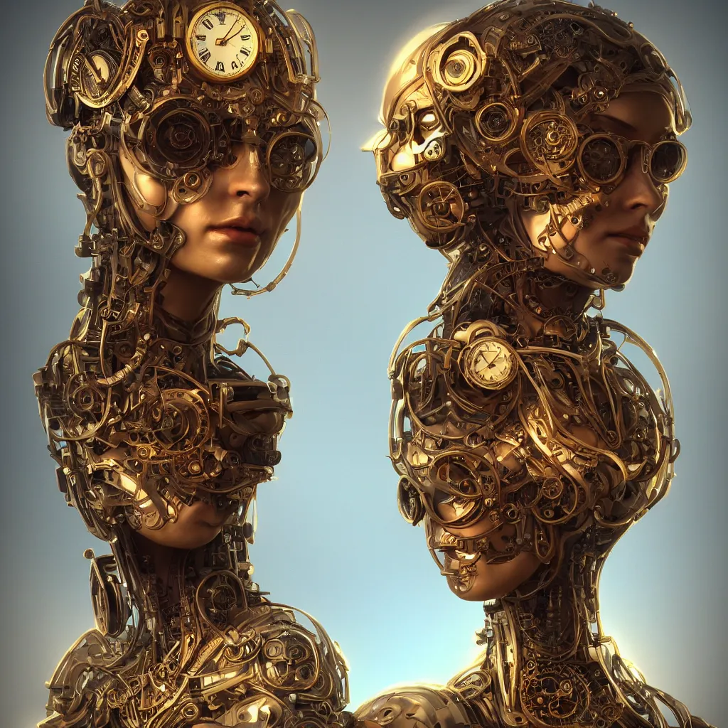 Image similar to face portrait android woman time machine beautiful symmetrical face axonometric mechanical fantasy intricate elegant highly detailed in volumetric void of latent space, golden steampunk, high contrast cinematic light, mystical shadows, digital painting, smooth, sharp focus, divine realm of gods, octane render, photographic, concept art, artist leonardo davinci, unreal engine 8 k