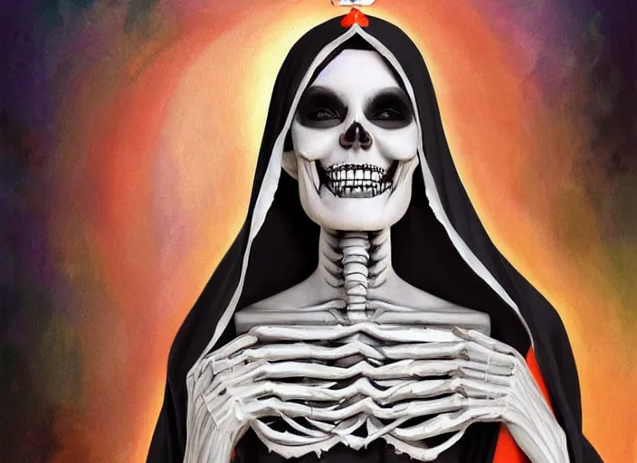 Image similar to cute & beautiful smiling mexican undead skeleton girl with red lips dressed as a very attractive nun looking at the viewer, elegant, digital art, fantasy, pixar style, painting, pin up, highly detailed, artstation, art by artgerm, vrubel, boris vallejo and ilya kuvshinov