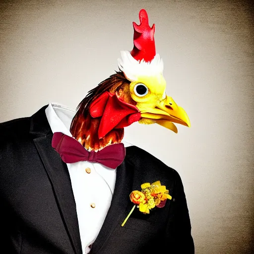 Image similar to a high quality photo of a chicken wearing a suit, Romanticism, 8k