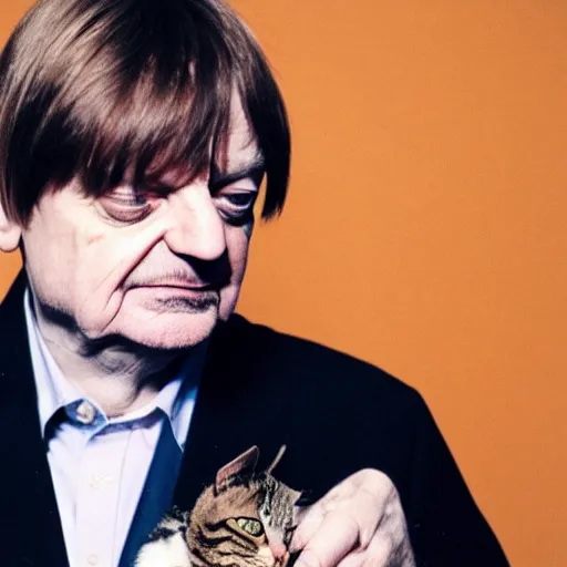 Image similar to mark e smith holding up a cat by the tail, sniffing the cat