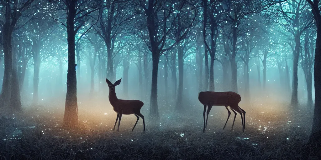 Image similar to a single deer in an ethereal electronic forest made from glowing circuits and electronics, highly detailed concept art, cinematic framing, 3 d, dark, moody, led