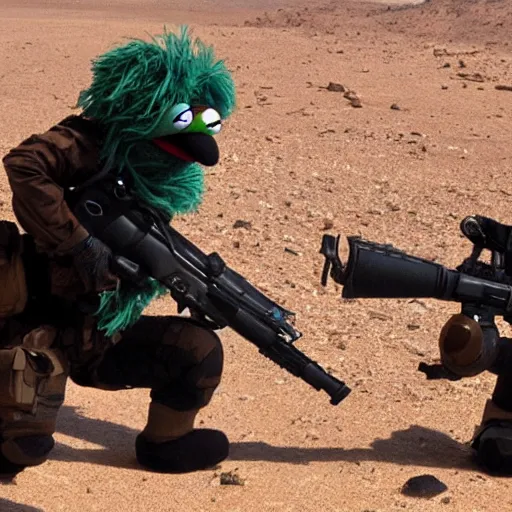 Image similar to special forces muppets fighting in the desert. epic action movie production photograph.