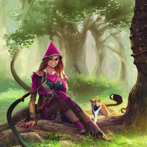 Prompt: Female elf ranger resting under a tree with her panther companion, digital illustration, vibrant, by Stanley Lau