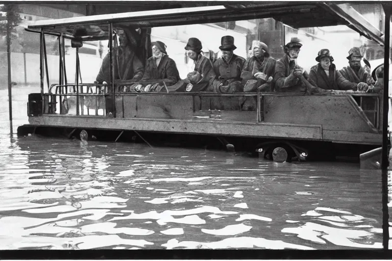 Image similar to Almost completely flooded metro wagon. Photo from inside the wagon, in the center of the frame stands one calm man up to his chest in water and looks at the camera. Warm lighting, old color photo, USSR, extremely detailed, 8k, vintage color